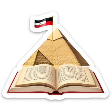 An icon featuring the Pyramids of Giza and the big flag of an Arabic-speaking country, symbolizing the Arabic language. The design includes an open book with Arabic script and calligraphy, representing language learning and cultural heritage. Transparent background sticker