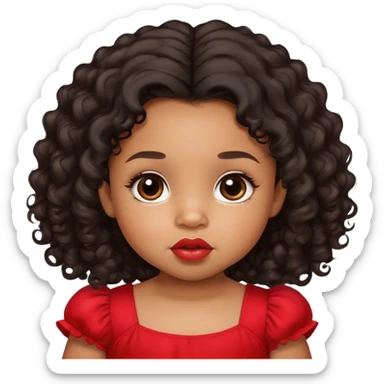 light brown skin tone, very adorable toddler, with big plump lips, long long lashes, black curly hair, middle hair parting, brown eyes, red dress sticker
