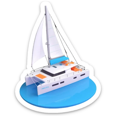 a lagoon 42 catamaran with no wording on the boat and an i message chat bubble icon coming out the top of the boat  sticker