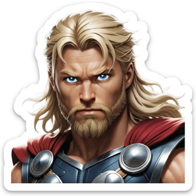 Cinematic Realistic Thor Portrait, depicted with lifelike skin texture and a commanding, muscular build that radiates divine strength. His piercing eyes, framed by rugged, flowing hair and a well-groomed beard, exude both determination and amiable authority. Clad in his signature armor with subtle hints of mystical lightning, the portrait is rendered in dynamic natural lighting with a radiant, heroic glow. sticker