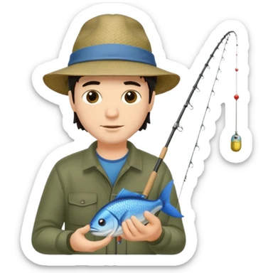 GRANJERO PIEL CLARA Y PELO OSCURO  CON CAÑA DE PESCAR Y UN PESCADO EN LA CAÑA QUE SEA HOMBRE sticker