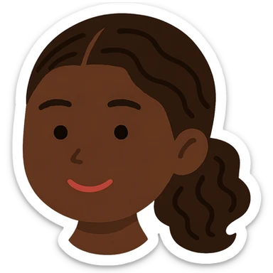 Edit the image to make the skin color much darker while keeping the Irasutoya style with soft colors, a round face, simple features, and a friendly expression. Ensure there is no neck visible and maintain a transparent background. The style should remain consistent with Irasutoya's characteristic look. sticker