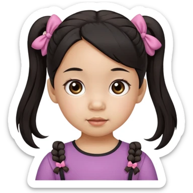 mixed toddler girl asian and american with bow pigtails, dark brown/black hair with big brown eyes emoji sticker