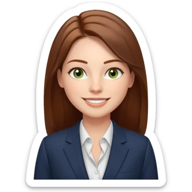 confident CEO named Freya McOmish, smiling, hazel green eyes, straight long hair with a middle part, subtle freckles, modern business style, broad shoulders sticker