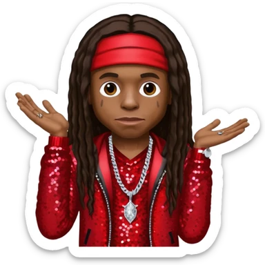 Lil Wayne with long dark brown hair, red sequin outfit sticker