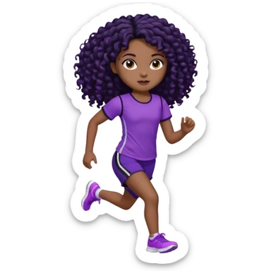 Uma boneca morena escura com olhos castanhos e cabelo cacheado longo preto até o peito, treinando correndo a roupa top até o meio da barriga roxo com detalhes preto e short roxo com detalhes preto sticker