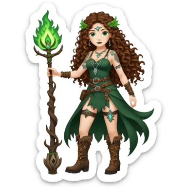 full body view of a woman with long curly brown hair, brown eyes, white skin, tattoos, wearing a forest witch outfit with high boots and rune belt, casting green flame from her hand sticker