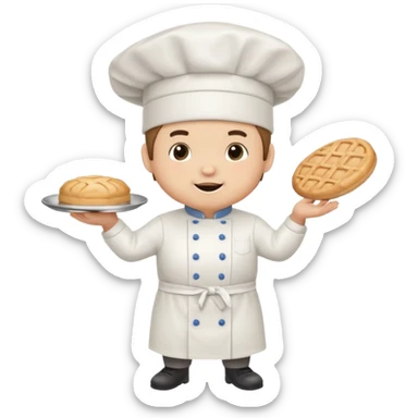 quiero un oso de pie con un delantal de pastelería y un gorrito de chef que una mano tenga una manga pastelera y este feliz divertido sticker