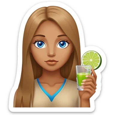 tan woman, long light brown straight hair, blue eyes, holding a shot with lime sticker