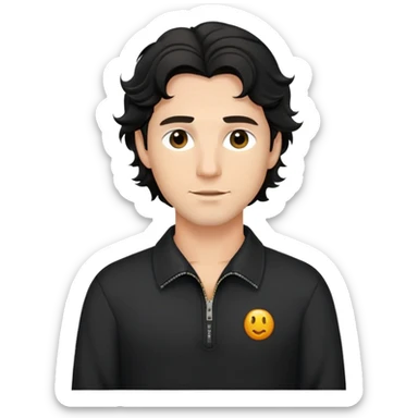 Caucasian man with black wavy hair wearing a loose-fitting long sleeve black shirt with collar and zip to the chest sticker