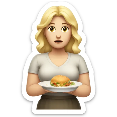a sad overweight blondie woman with a plate of food sticker