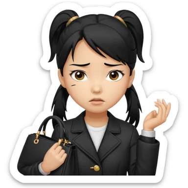 A girl with a pony tail black hair and Asian tan skin, Asian eyes, with a black jacket and a black purse, with an annoyed and confused expression on her face  sticker