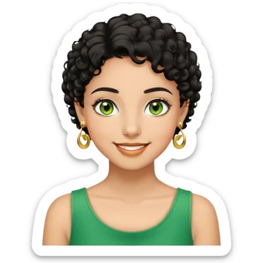 Girl showing happiness, medium skin tone, short curly black hair, gold earrings, green eyes sticker