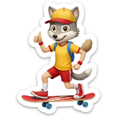 A gray wolf with large, expressive eyes and a friendly smile. The gray wolf is wearing a bright yellow T-shirt, red shorts, white knee socks, and sneakers. The baseball cap is worn backwards. The wolf holds a skateboard in one hand and gives a thumbs-up with the other, a confident and cheerful pose. sticker