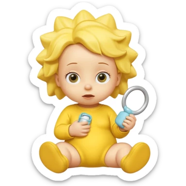 A 3D cartoon baby character entirely yellow, yellow skin, styled like Maggie Simpson, with pacifier, yellow onesie, big eyes, smooth shading, Memoji-style rendering, consistent with other yellow Simpsons characters. sticker