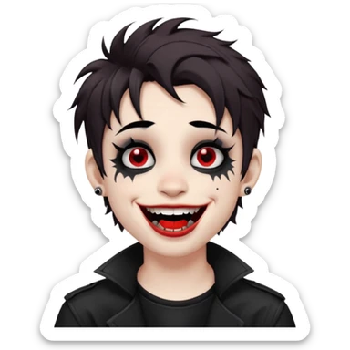 Laughing pale Goth boy with a bunch of face piercings, with shaggy dark brown hair, and messy black eyeliner , smudged, red, lipstick  sticker