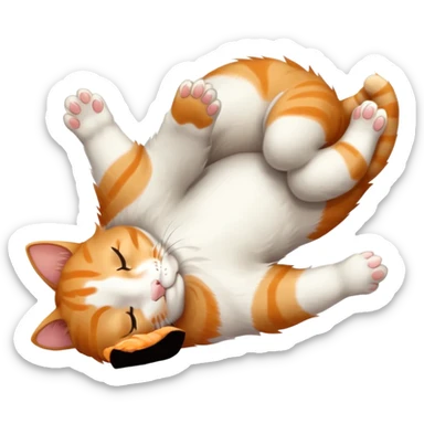 ginger and white small cat eyes closed lying down upside down with paws stretched out in different directions sticker