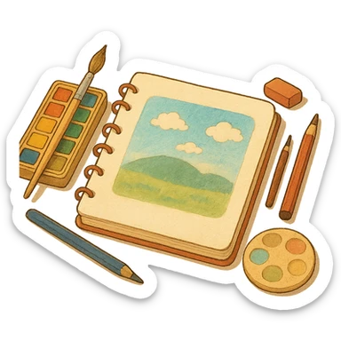 ghibli style illustration of a sketchbook with art supplies, warm and inviting sticker