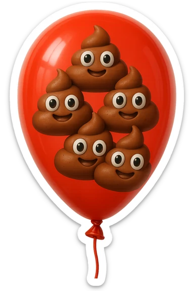 emoji stile iphone di un palloncino rosso pieno di 6 cacche con gli occhi, iperrealistico 4k sticker