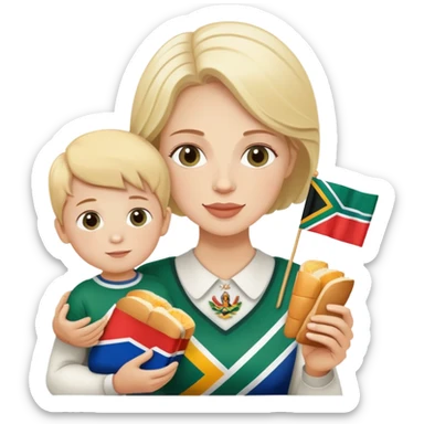 White Lady with son eating white bread and holding South African flag  sticker