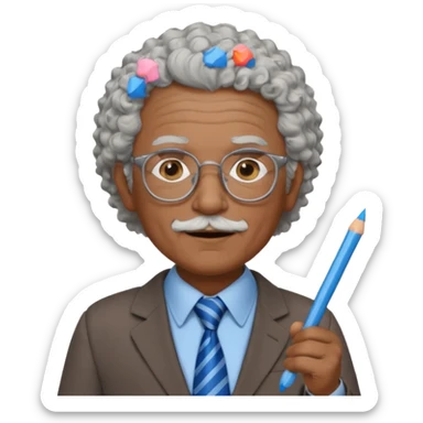 old man teacher, brown skin, curly grey white hai, wearing glasses, brown suit, blue tie hold chalk on hand sticker
