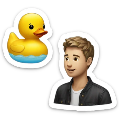 A white and young man talking to rubber duck sticker