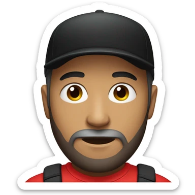 Man with beard, wearing black jogger, red shirt and black cap sticker