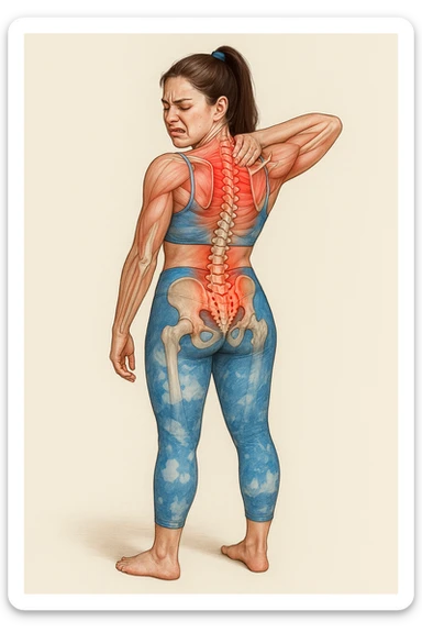 Realistic anatomical illustration of a woman in sportswear inspired by the reference photo, showing pain in the upper back (dorsal area) with highlighted muscles and vertebrae involved, hand on the painful area, pained expression, neutral background. sticker