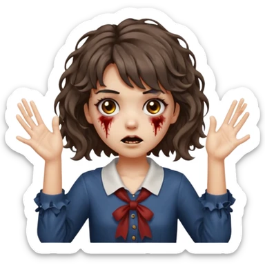 Cabelo ondulado  um pouco cheio e franja curta  Olhos marrons e pequenos e feita d ezumbi mais bonita com cabelo amarro na e com as mãos assim tipo assim🧟‍♀️ sticker