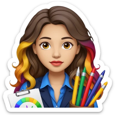 female dark wavy long hair graphic designer , color wheel, pens, papers sticker