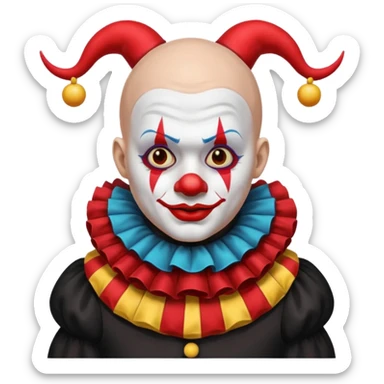 Crea un payaso con toda la cara blanca sin pelo con cuernos de color negro, que su cuerpo tenga un traje de payaso negro con rojo sticker
