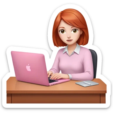 Bob hair Redhead sat at desk with pink MacBook  sticker