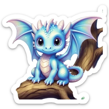 Airbrush painted image of an adorable little baby dragon with large glistening eyes sitting beside a tree under a deep galactic sky with pearlescent scales and wings spread against the stars sticker