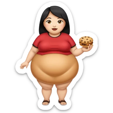 create a humongous asian girl with black hair, with 2 burgers and a cookie in her mouth, she is super obese, please make her a full body emoji, mega huge tummy   sticker