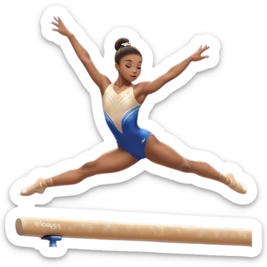 A gymnast performing a flawless routine on the balance beam, showcasing strength and grace. The scene captures the precise, elegant movement with perfect balance and form. The background features a gymnastics arena with vibrant lighting and cheering crowds, emphasizing athleticism and poise. sticker