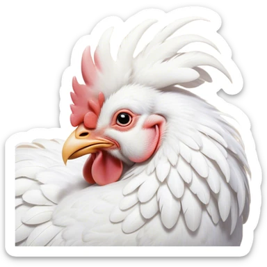 Meme-Worthy Cute Sleeping White Rooster Portrait Emoji, Head resting peacefully with a contented smile, showcasing a robust build and a luxuriously soft pure white plumage, eyes shut in a serene, restful nap, Simplified yet hilariously adorable features, highly detailed, glowing with a soft, drowsy light, high shine, relaxed and utterly lovable, stylized with an air of playful laziness, bright and heartwarming, soft glowing outline, capturing the essence of a comically sleepy rooster, so meme-worthy it feels like it could instantly become the next viral sensation of adorable slumber! sticker