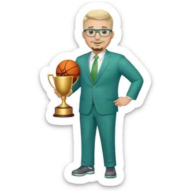 Full Body white male plus size wearing glasses with a goatee with light blonde and gray very short hair happy basketball head Coach in blue and green suit holding trophy sticker