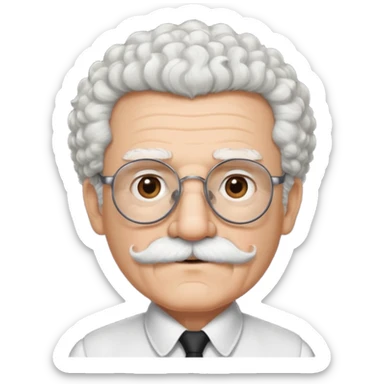 An elderly man emoji with light skin, fluffy curly white hair, thick white eyebrows, brown eyes behind black-framed glasses, a small nose, and neatly groomed white facial hair — a mustache and a short goatee. sticker
