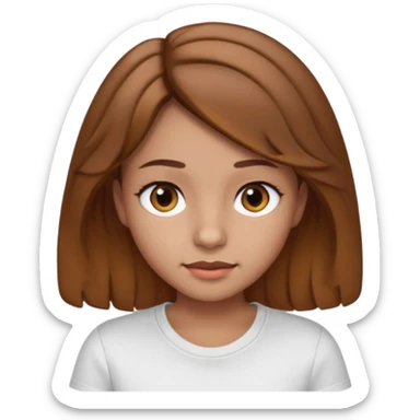 Create an emoji of a girl with little wavy hair, light brown, dark brown eyes, with a slightly glued white T-shirt, a slightly rounded nose, medium mouth, brown skin sticker
