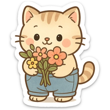 a chubby kitten wearing tiny pants and holding a bouquet of flowers, in a cute cartoon style sticker