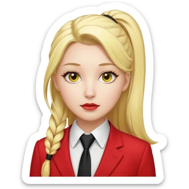 Woman with porcelain white skin, thick blonde hair that's in a thick, long ponytail, has a black tipped nose, yellow scleras, red pupils, and a red suit with a black tie. sticker