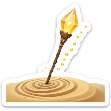 desert sand mage staff object icon, ancient wooden staff, swirling sand crystal on top, glowing golden aura, small floating sand particles, fantasy desert style, 3D cartoon, mobile game icon style, centered, clean background, soft shadow, no text, no watermark
 sticker