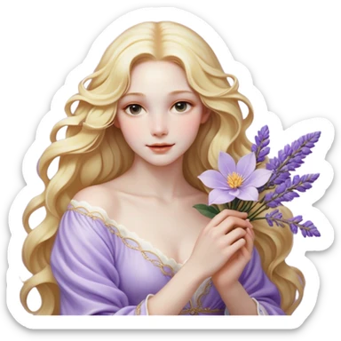 Cinematic Realistic Rapunzel Portrait, with porcelain-like skin featuring a subtle, natural glow, illuminated by soft lighting that brings out the gentle contours of her face. Her long, golden blonde hair cascades in detailed waves, each strand highlighted with a radiant shimmer as it catches the light. She playfully holds a flower in one hand, her other hand resting casually in her lap, with a warm and spirited expression. Her bright, expressive green eyes exude curiosity and warmth, framed by delicate lashes and soft, arched brows. She is dressed in her classic lavender and pink gown, the fabric textured with delicate folds that flow naturally, catching the light with a soft, radiant glow. The portrait captures a luminous, enchanting aura, seamlessly blending realism with a whimsical, fairytale charm, evoking a timeless sense of beauty and magic. sticker