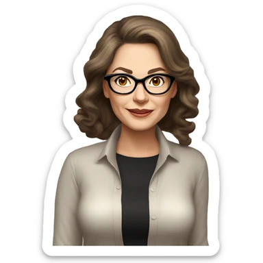 50 years old girl
long brown hair with volume styling
light skin
glasses with refined frame
Brown eyes with cat eye liner
black silk shirt with long sleeves sticker