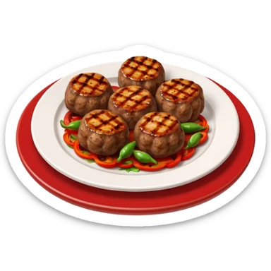 Akçaabat meatballs object icon, grilled Turkish kofte pieces on a plate, smoky char marks, juicy texture, served with grilled peppers and tomatoes, 3D cartoon, mobile game icon style, centered, clean background, no text, no watermark
 sticker