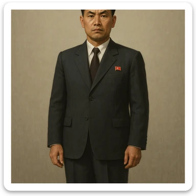 Official portrait of a North Korean man, head of the hull production workshop at a shipyard, serious and formal style, dark suit, neutral background, confident and focused expression, style inspired by Soviet and North Korean official portraits, full body, not cropped, head not cut off sticker