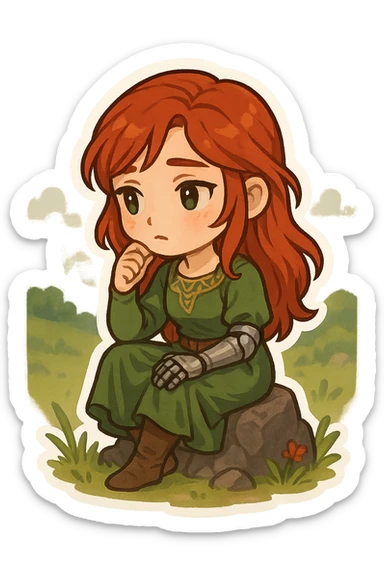 Millicent, chibi style, red hair, green dress, prosthetic arm visible, sitting on a rock, looking thoughtful, fantasy setting sticker