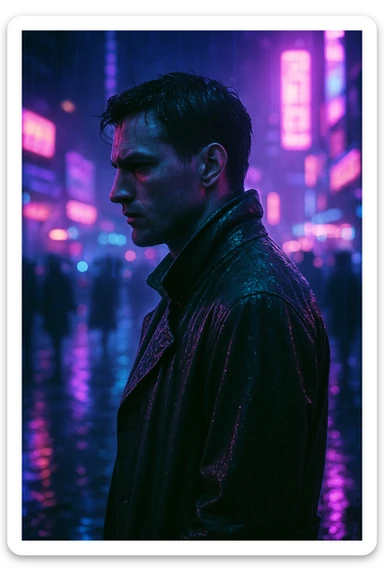 futuristic cyberpunk portrait, man in soaked trench coat, neon-lit city at night, side profile, serious, neon purple and electric blue lighting, wet street with reflections, motion blur of crowd, shallow depth of field, analog film grain, Blade Runner noir detective vibe sticker