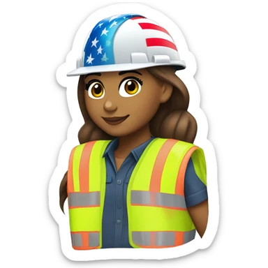 Ariana Grande is a construction worker wearing a patriotic dress with a neon yellow safety vest over the dress. she also has a hard hat and a patriotic patch on the vest sticker
