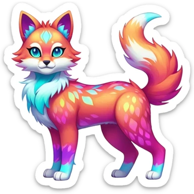 Vibrant multicolored neon-colored Falvie-Fionbri-creature-sparkle-feline-canine-hybrid-fursona, full body, fur pattern-markings sticker